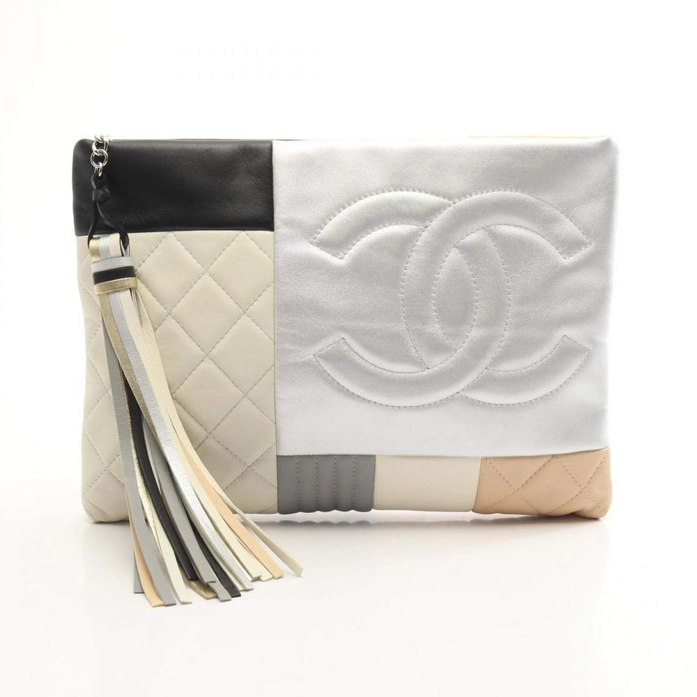 CHANEL Black Lambskin Leather Logo Clutch Bag